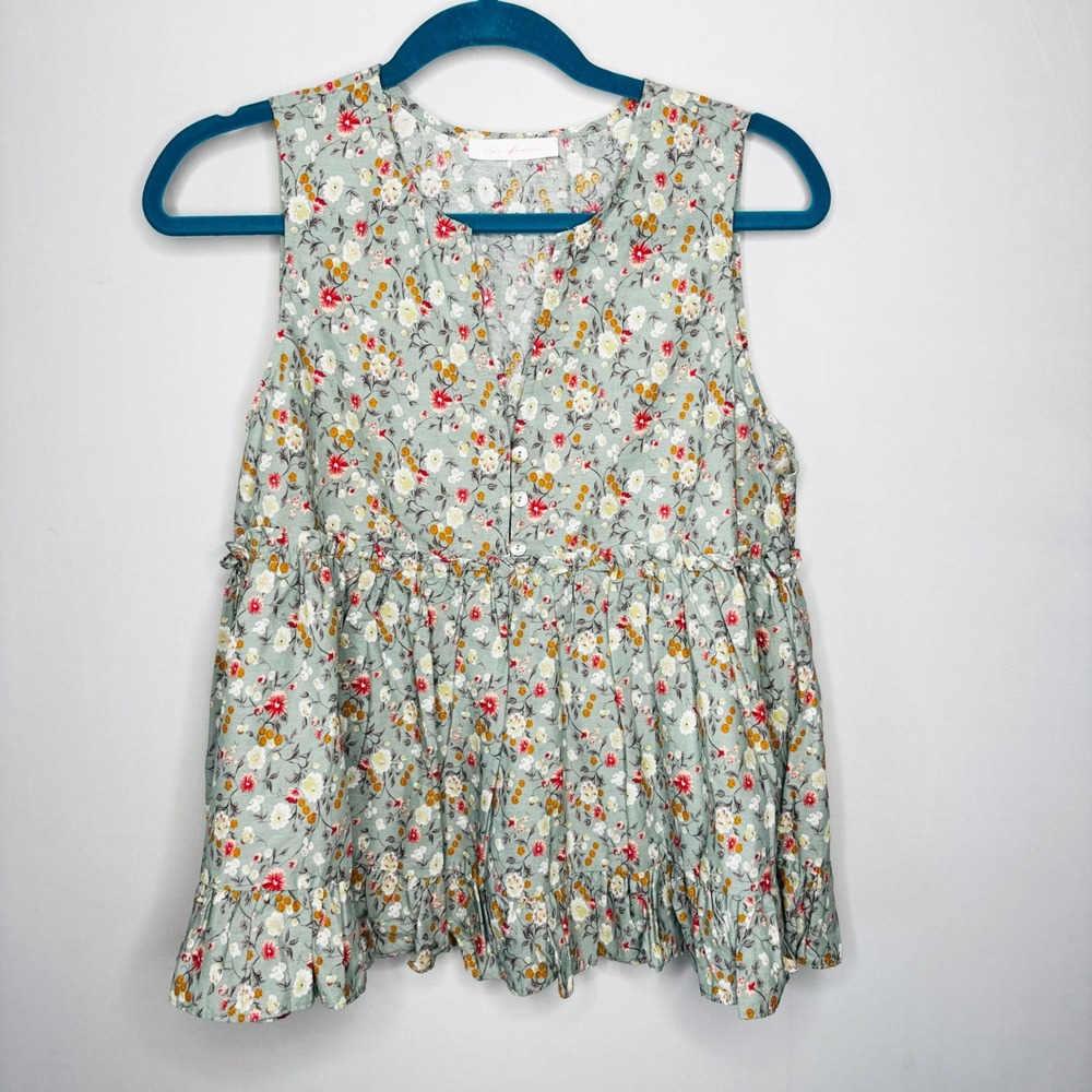 Ces Femme Mint Green Floral Sleeveless Blouse with Yellow & Red Flowers